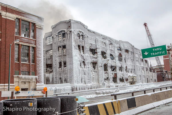 ice covered ruins of a building destroyed in Chicago at 3757 S. Ashland Avenue